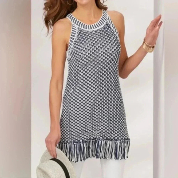 NWT Soft Surroundings Bambado Fringe Halter Tank Top Navy Blue White Knit S - Picture 1 of 13